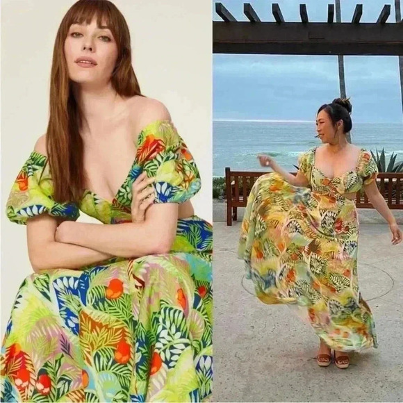 STAUD Coliseum Off-The-Shoulder Linen Tropical Print Dress Size 8 - Picture 8 of 16